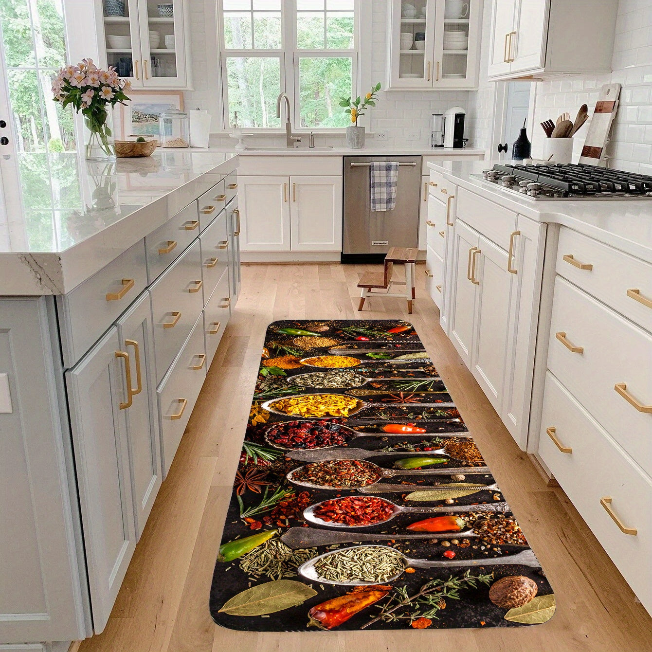 Spices and Cutlery Patterned Non-Slip Kitchen Floor Rug for Home Decor