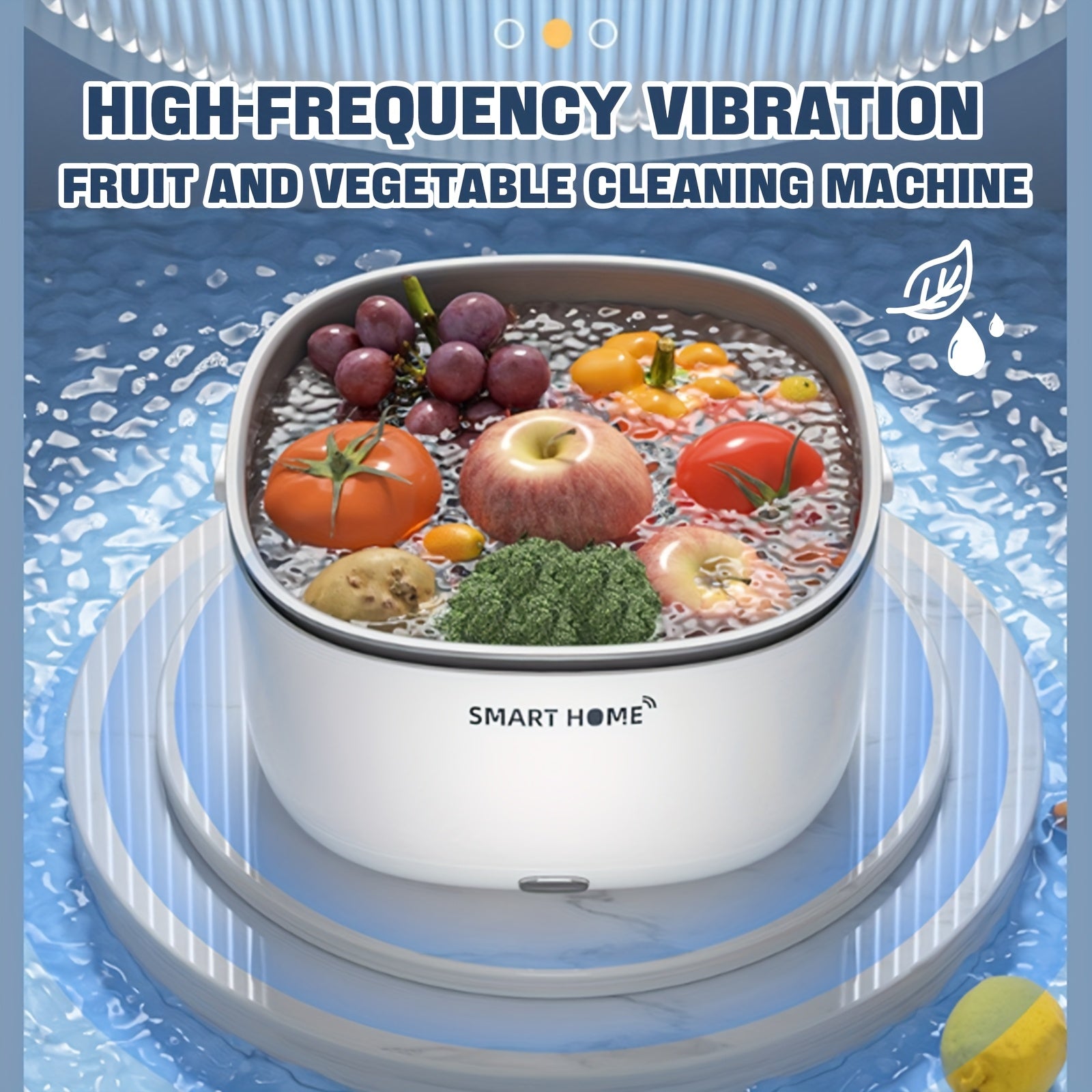 Ovoz to'lqin texnologiyasi bilan multi-funksional oshxona qurilmasi meva va sabzavotlarni tez va samarali tarzda tozalaydi. Oq rangda batareyali, aqlli uy dizayni va gradient drenaj bilan.