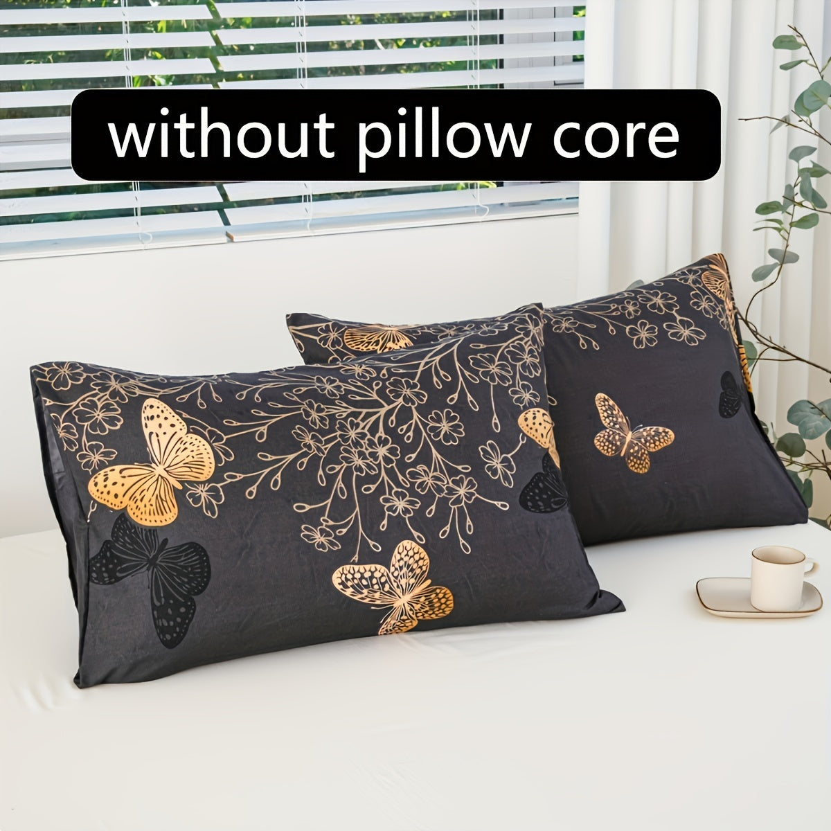 Set of 2 Golden Butterfly Print Polyester Pillowcases for Bed Decor, Soft and Washable