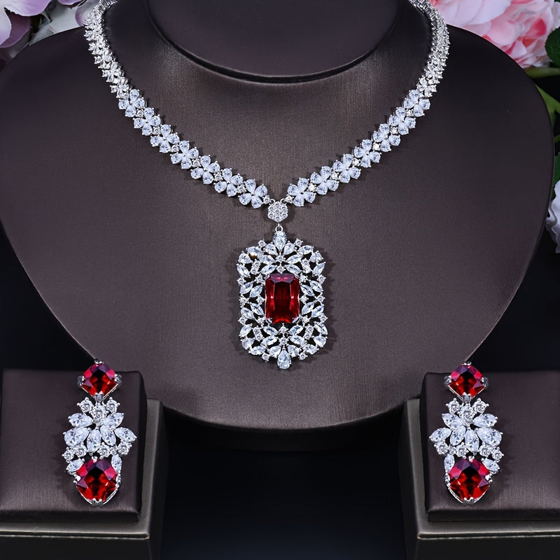 "Royal French-Style Jewelry Set with Synthetic Zirconia, 3 Pieces: Copper Pendant Necklace and Dangle Earrings. Perfect for Weddings and Banquets, All-Season Elegant Accessory. Super Noble Red Design with Large Pendant, Ideal for Dinner Dresses."