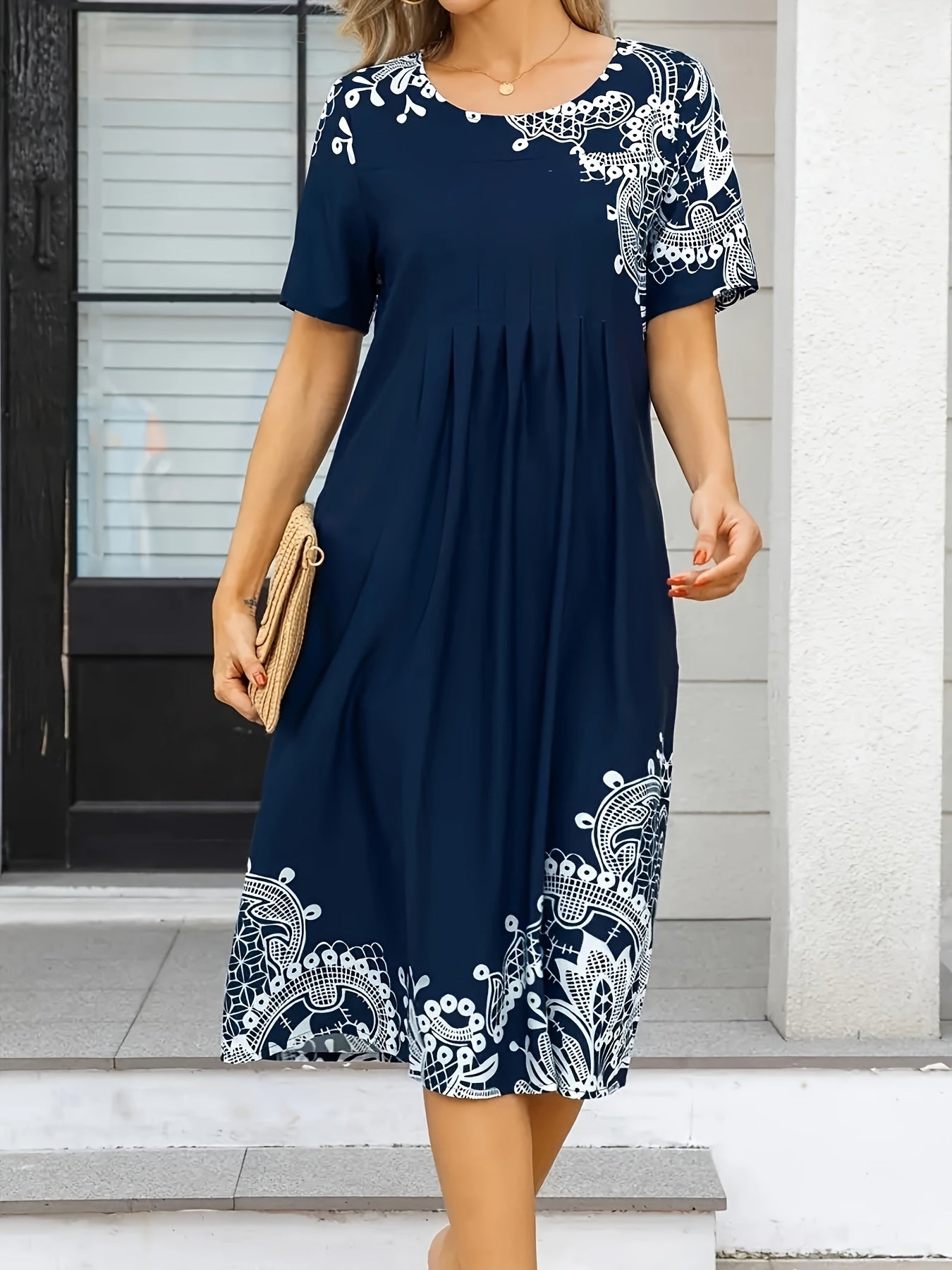Women's Navy Blue Floral Print Short Sleeve Pleated Midi Dress for Spring Summer