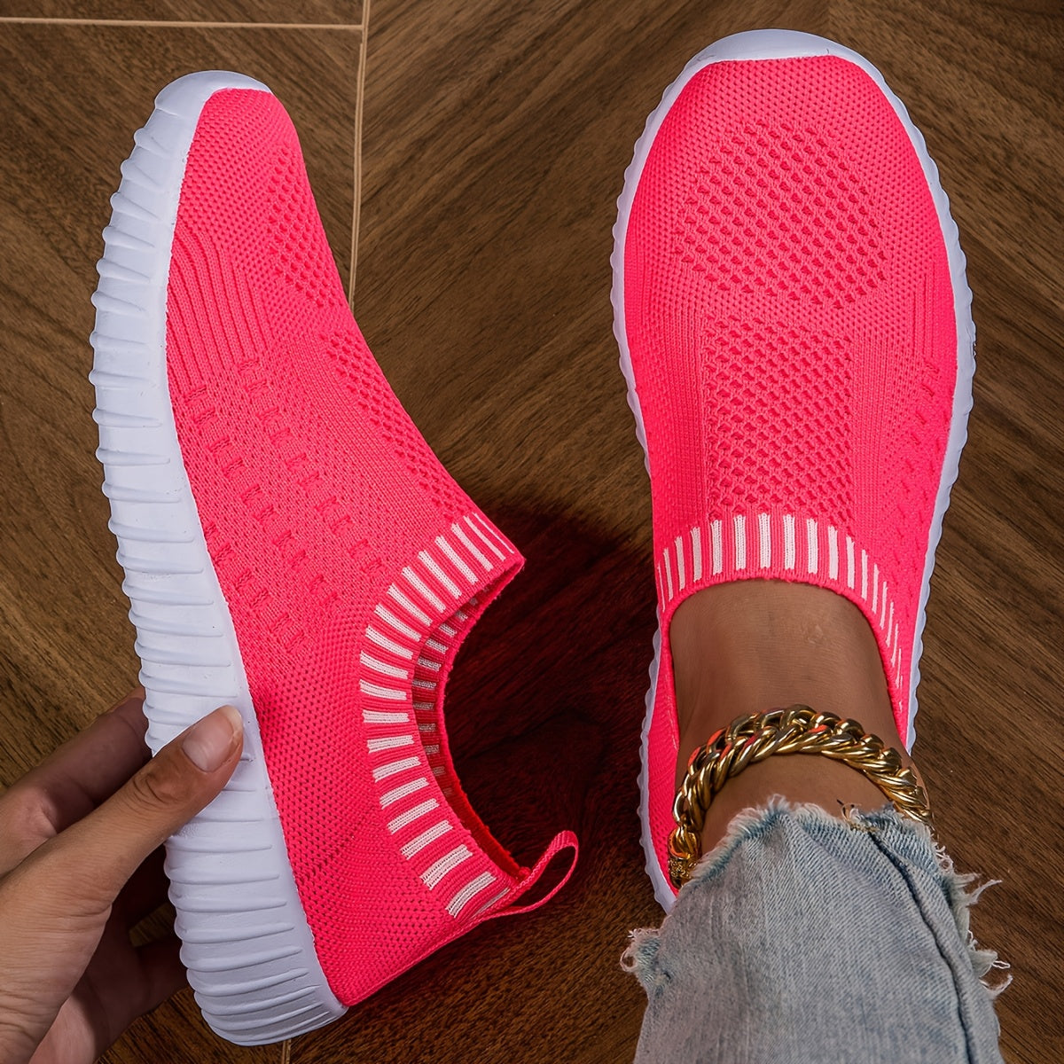 Women's Knit Slip-On Sneakers Breathable Mesh All-Season Casual Black White