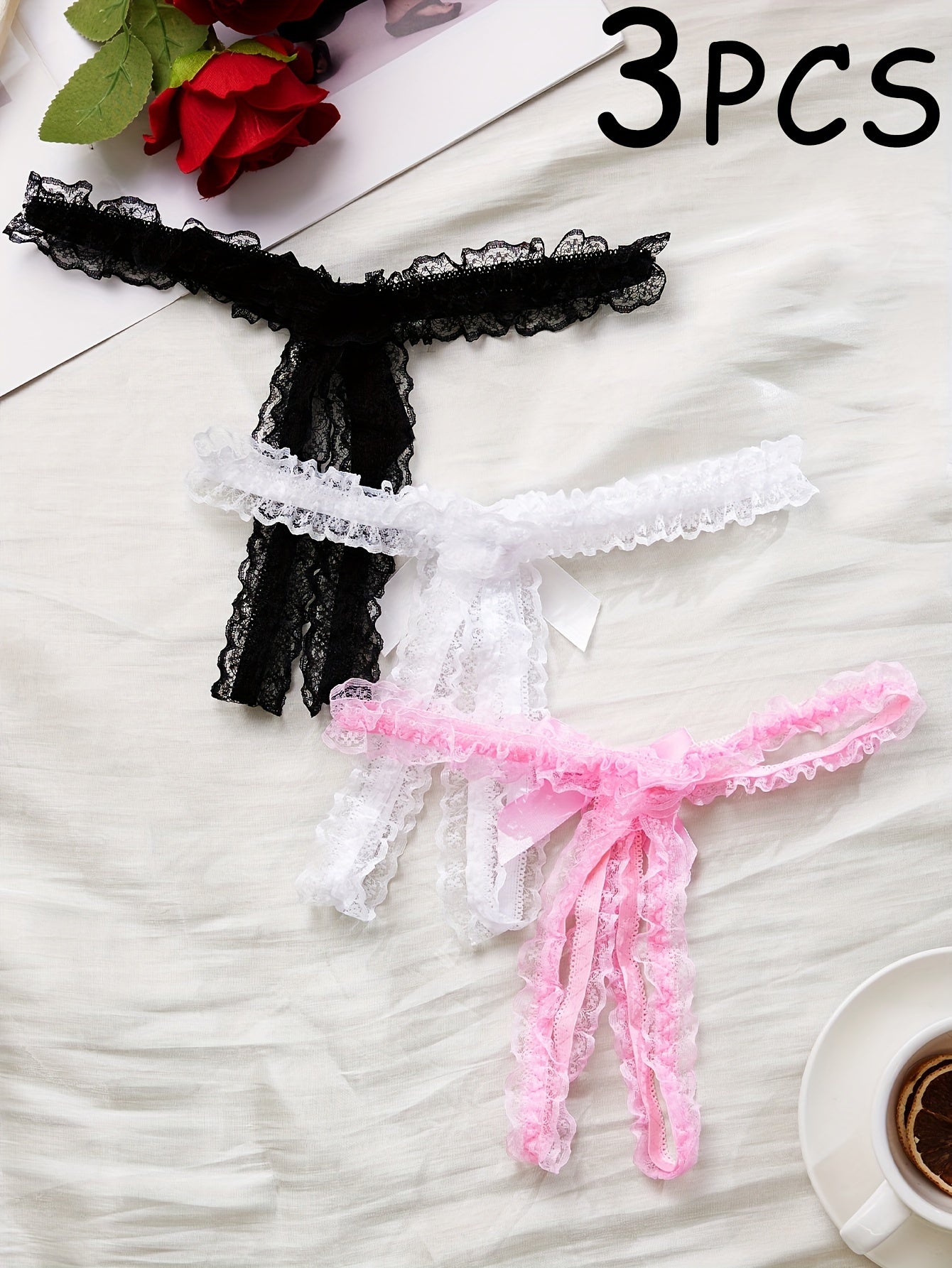 Women's Lace Thongs with Open Crotch and Bow Detail Semi-Sheer Nylon Blend Lingerie