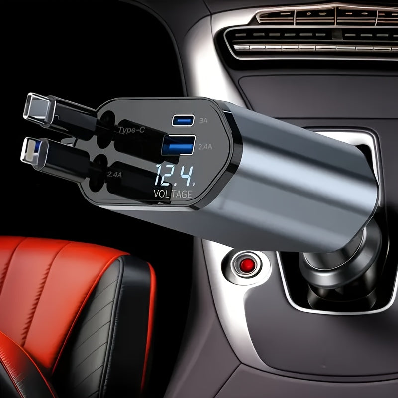 4-in-1 Retractable Car Charger with 66W PD QC3.0 and 2.6ft Cable