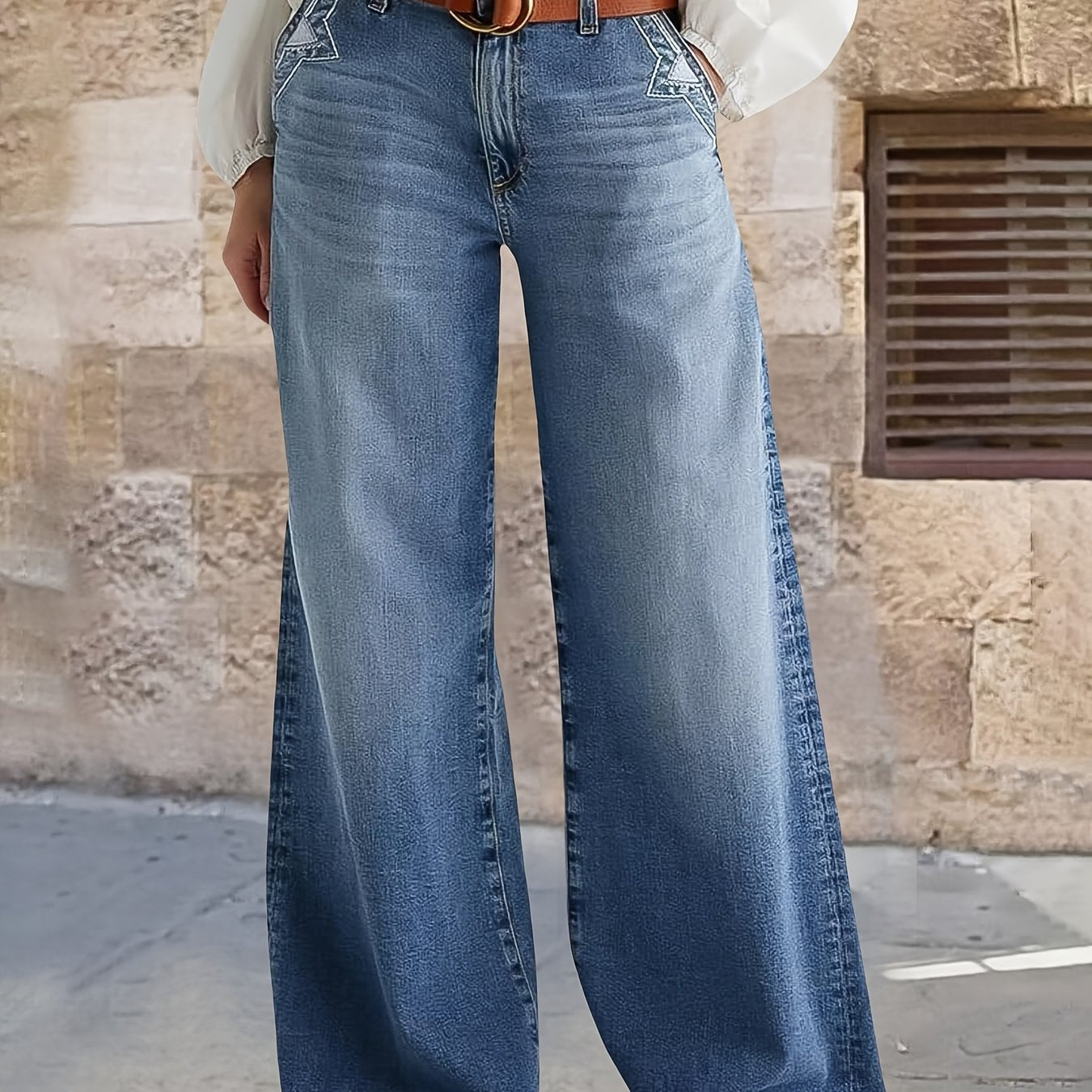 Women's Light Blue High-Waisted Wide Leg Denim Jeans Casual Comfort