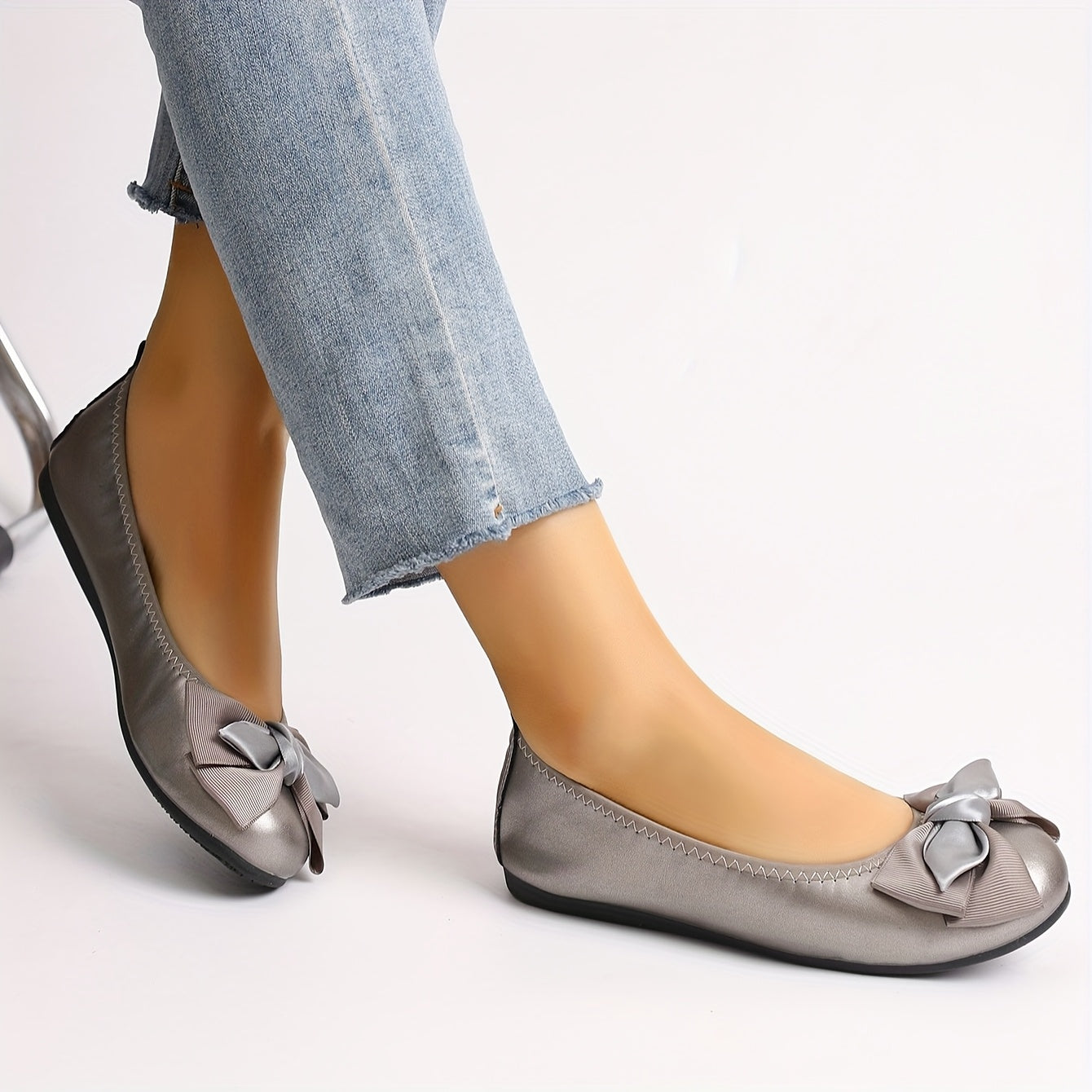 Women's Ballet Flats with Bow Detail Light Gray Slip-On Shoes All-Season
