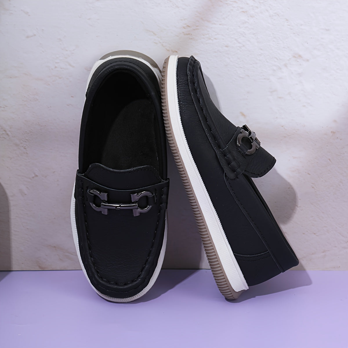 Boys Girls Toddler Solid Color Low Top PU Leather Slip On Round Toe Loafers