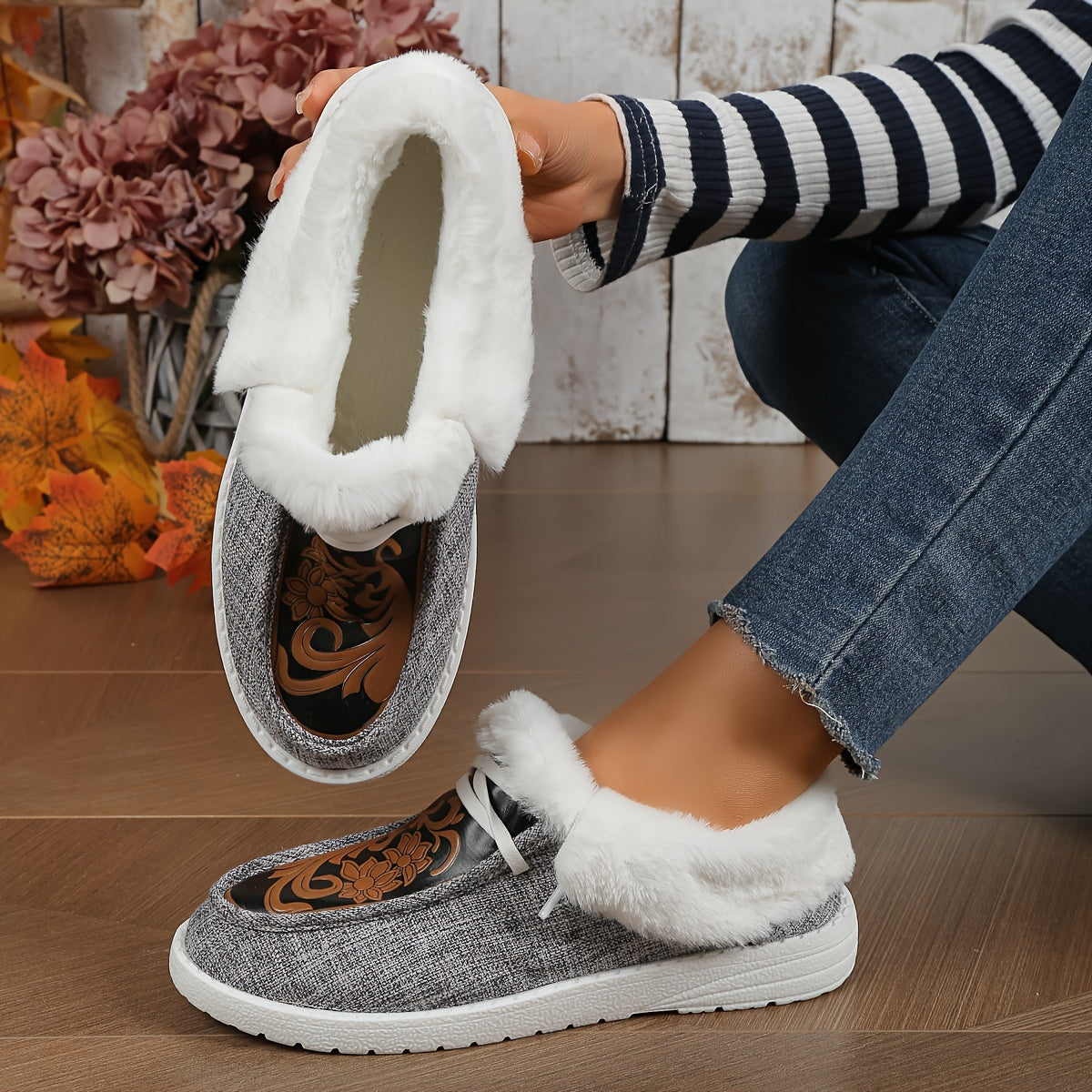 Ayollar uchun qorli botlar, mo'ynali ichki qismi, EVA taglik, sirpanishga qarshi, kulrang, qishki poyabzal