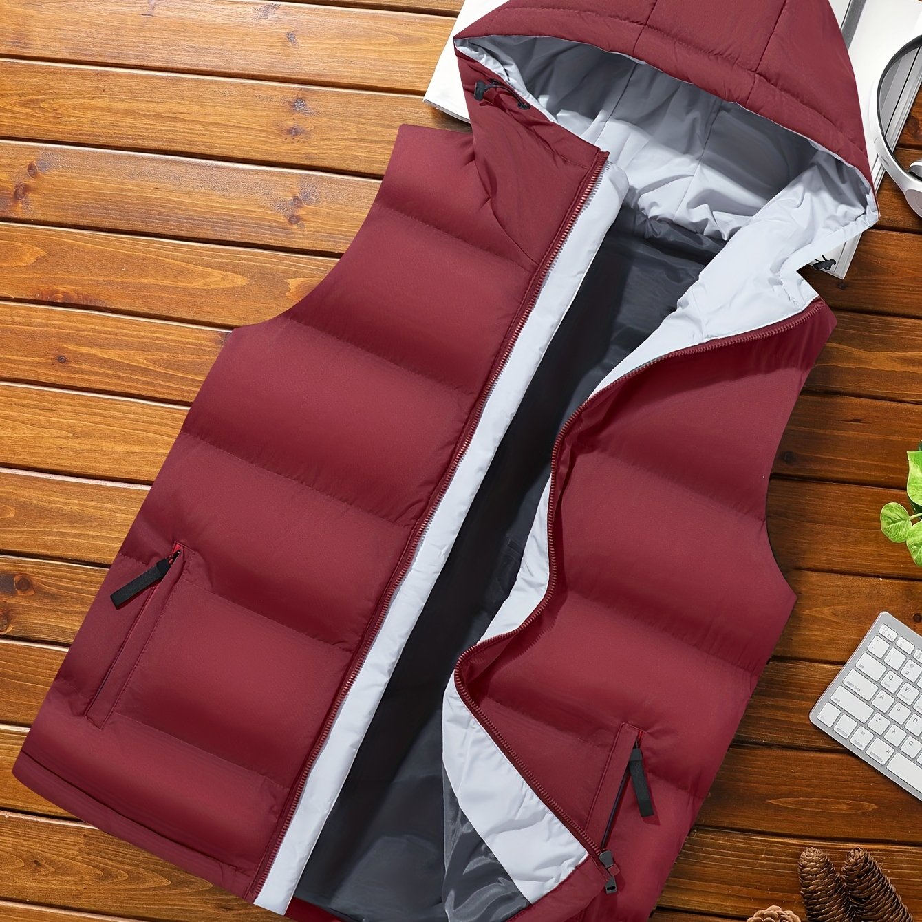 Erkaklar uchun zaytun yashil kapüşonli jilet, fermuarlı cho'ntaklar bilan, yengsiz, mashinada yuvish mumkin bo'lgan polyester, kuz/qish uchun ideal.