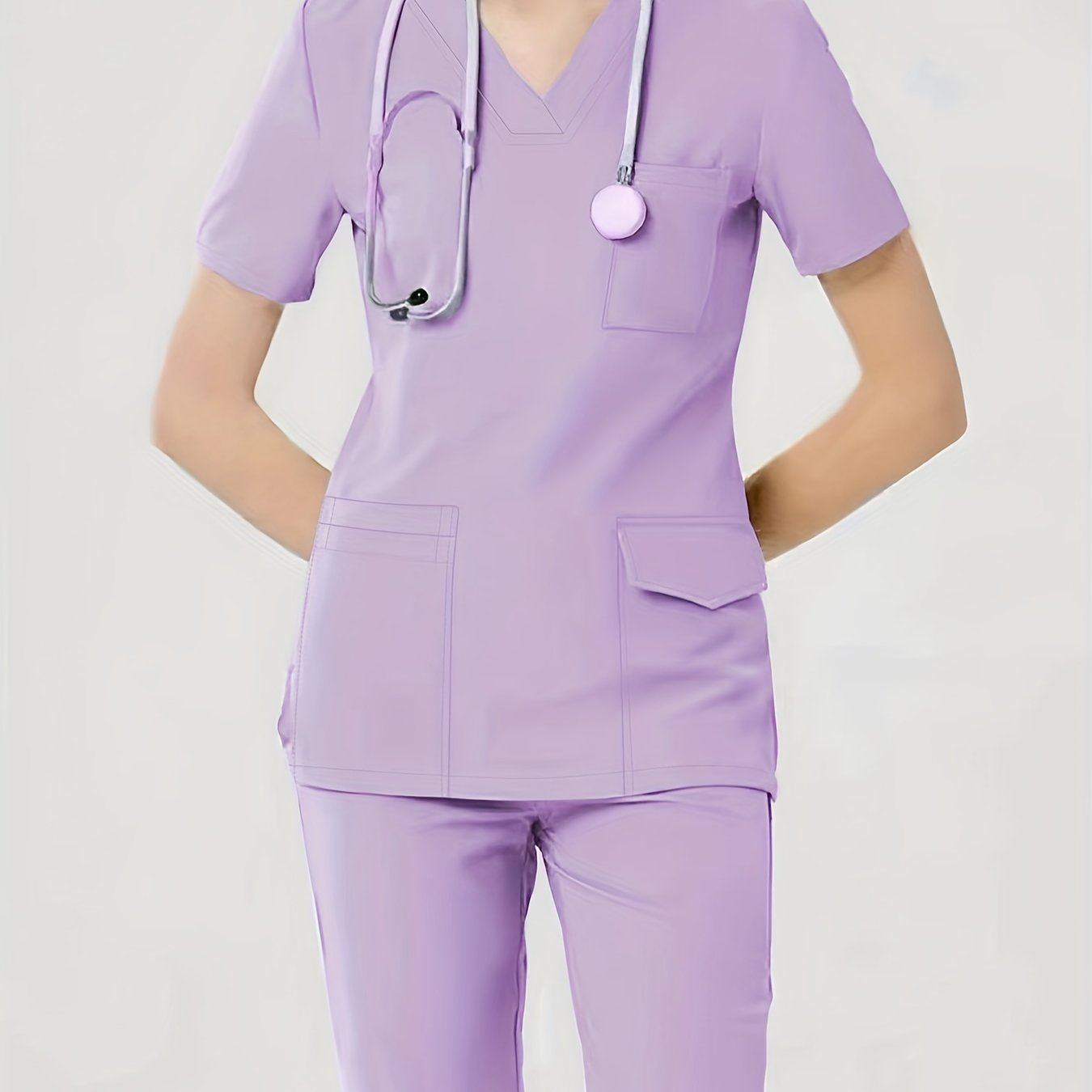 Women's Health Care Uniform Set V-Neck Top with Pockets and Solid Pants