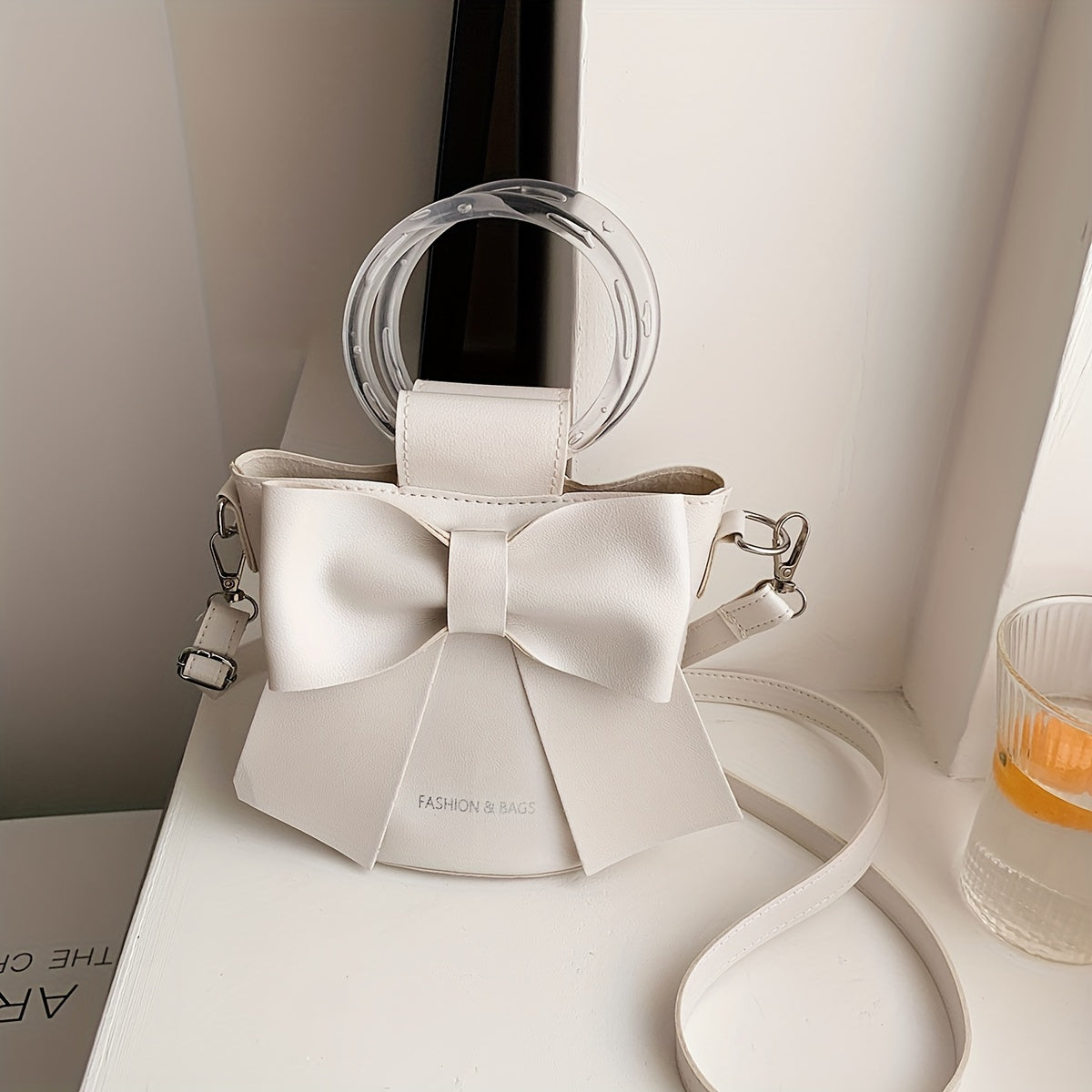 Women's Bucket Bag with Detachable Strap Bow Accent in Black White Pink Blue