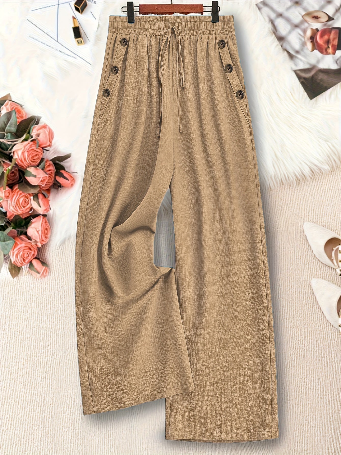 Plus Size Women's Wide-Leg Casual Pants Elastic Waist Maroon All-Season