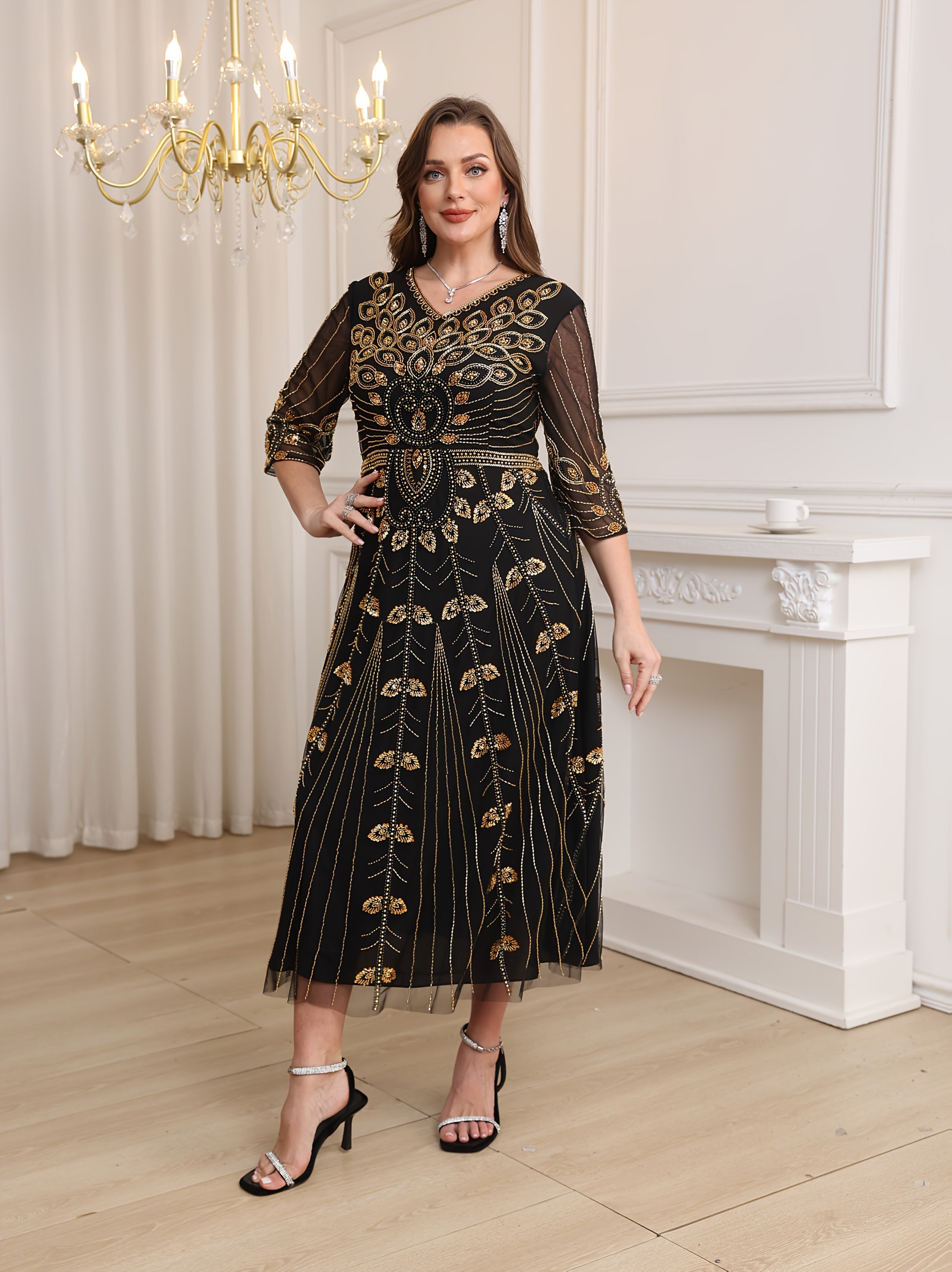 Women's Black Gold Sequin Beaded Evening Dress V-Neck Half-Sleeve