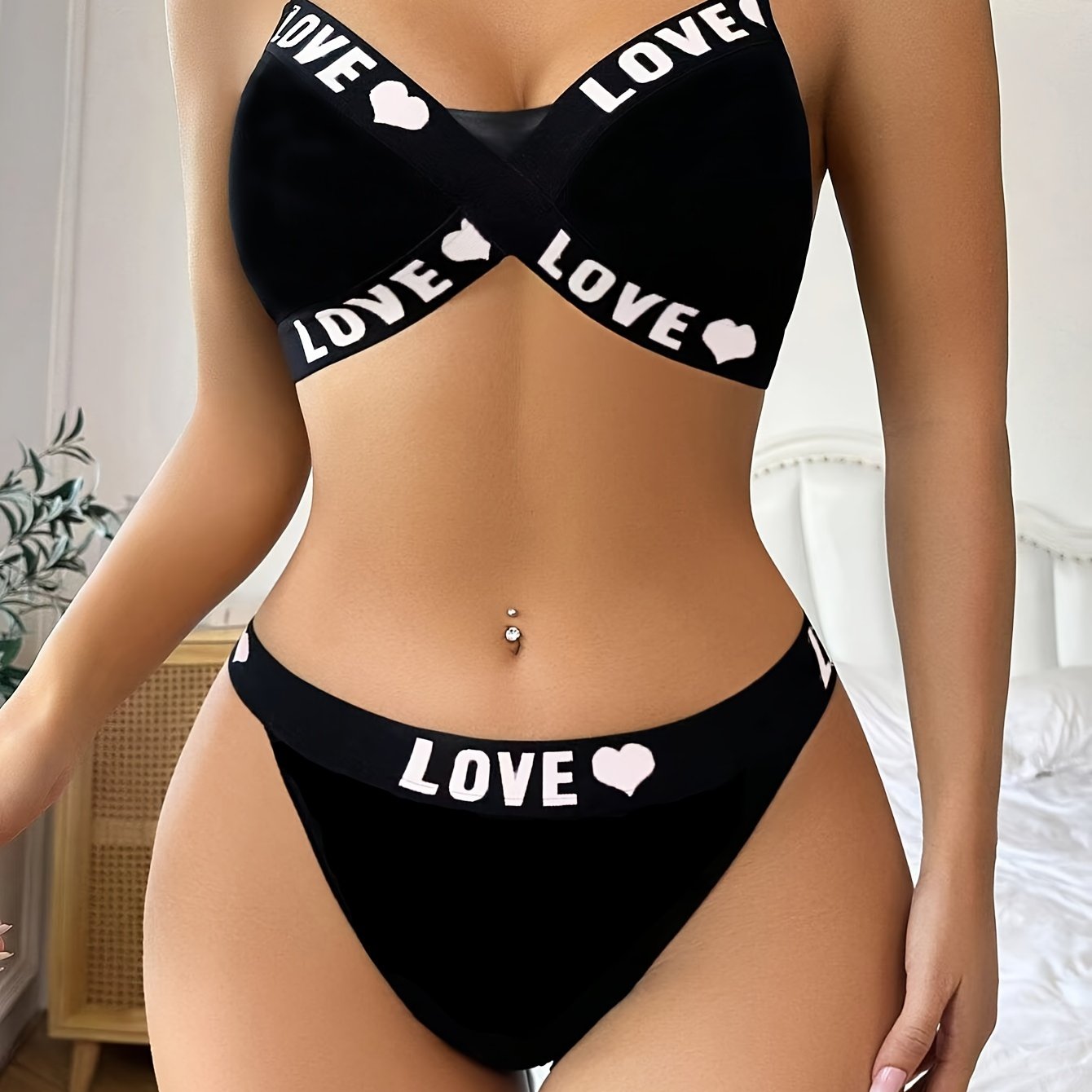 Women’s Medium Support Bikini Set with Letter Print Non-Transparent Knit Fabric