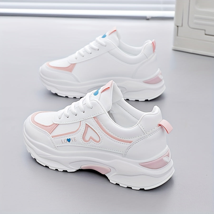 Women's White Sneakers with Black Accents Casual Running Shoes Thick Sole