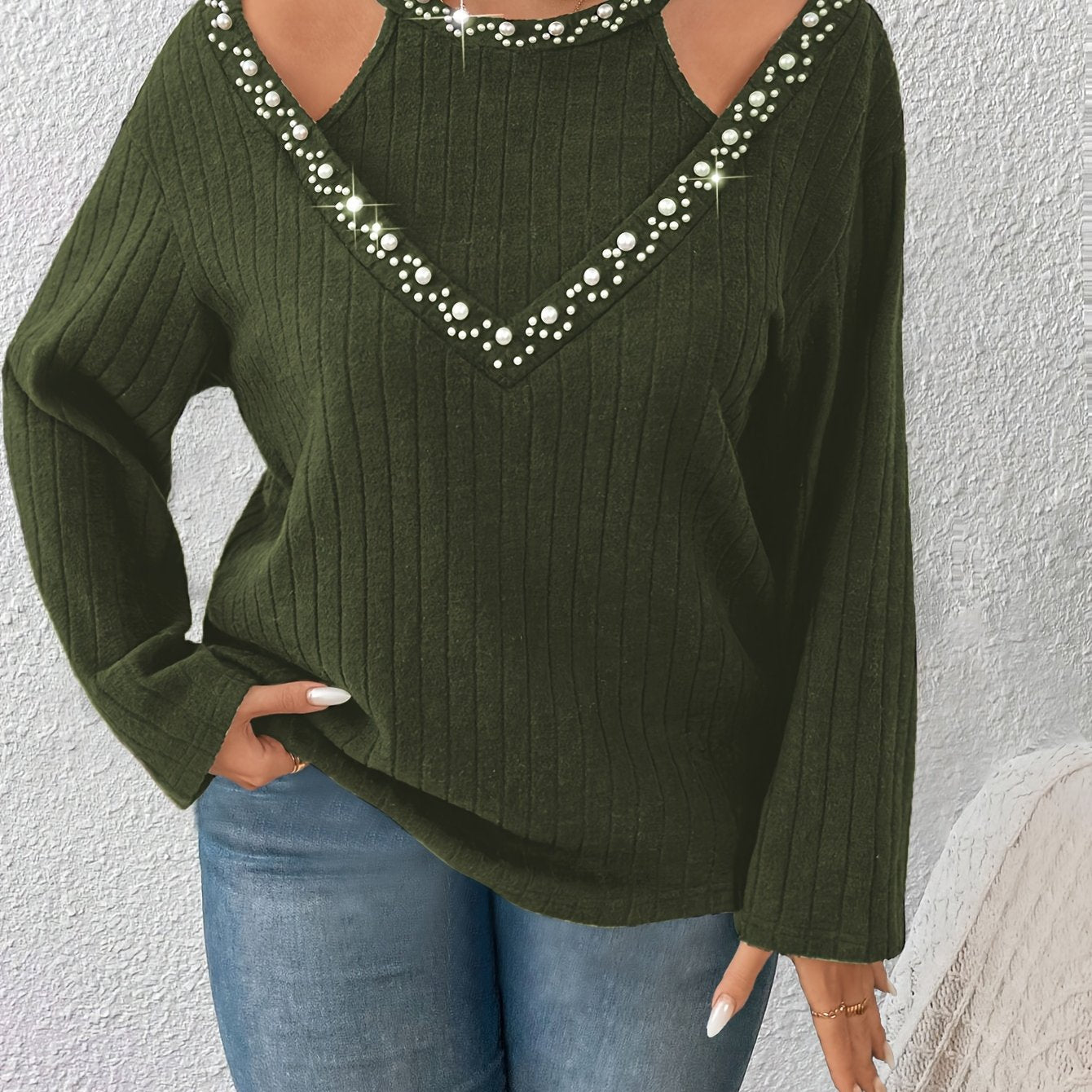 Women's Plus Size Pearl-Embellished Faux Two-Piece Long Sleeve T-Shirt Top