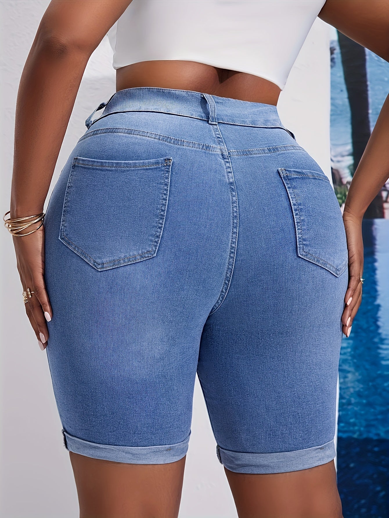 Women's High-Waist Skinny Denim Shorts Light Wash Blue Casual Summer