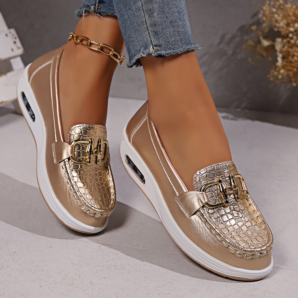 Women Glitter Loafers Leather Casual Sneakers Metallic Silver Gold Black