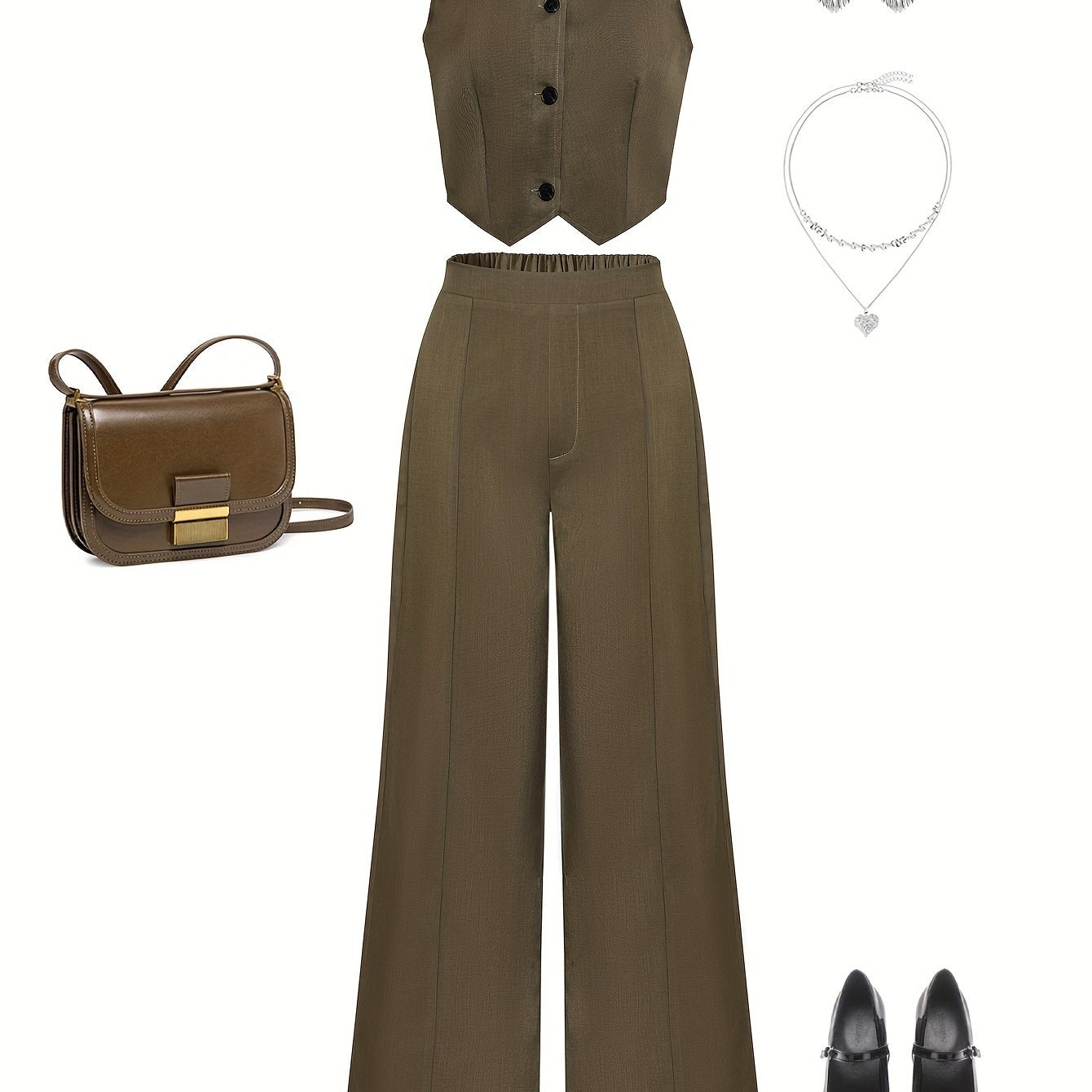 Ayollar uchun zamonaviy ikki qismli to'plam, tugma tafsilotlari bilan v-yuvalangan kesilgan vest top va yuqori belli kostyum shimlarini o'z ichiga oladi. 97% polyester va 3% elastan materialidan tayyorlangan, biroz cho'ziluvchan. Ideal for