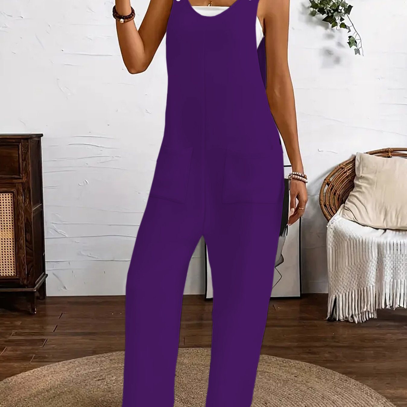 Women's Sleeveless Jumpsuit Solid Purple Wide Leg Pockets Stretchy