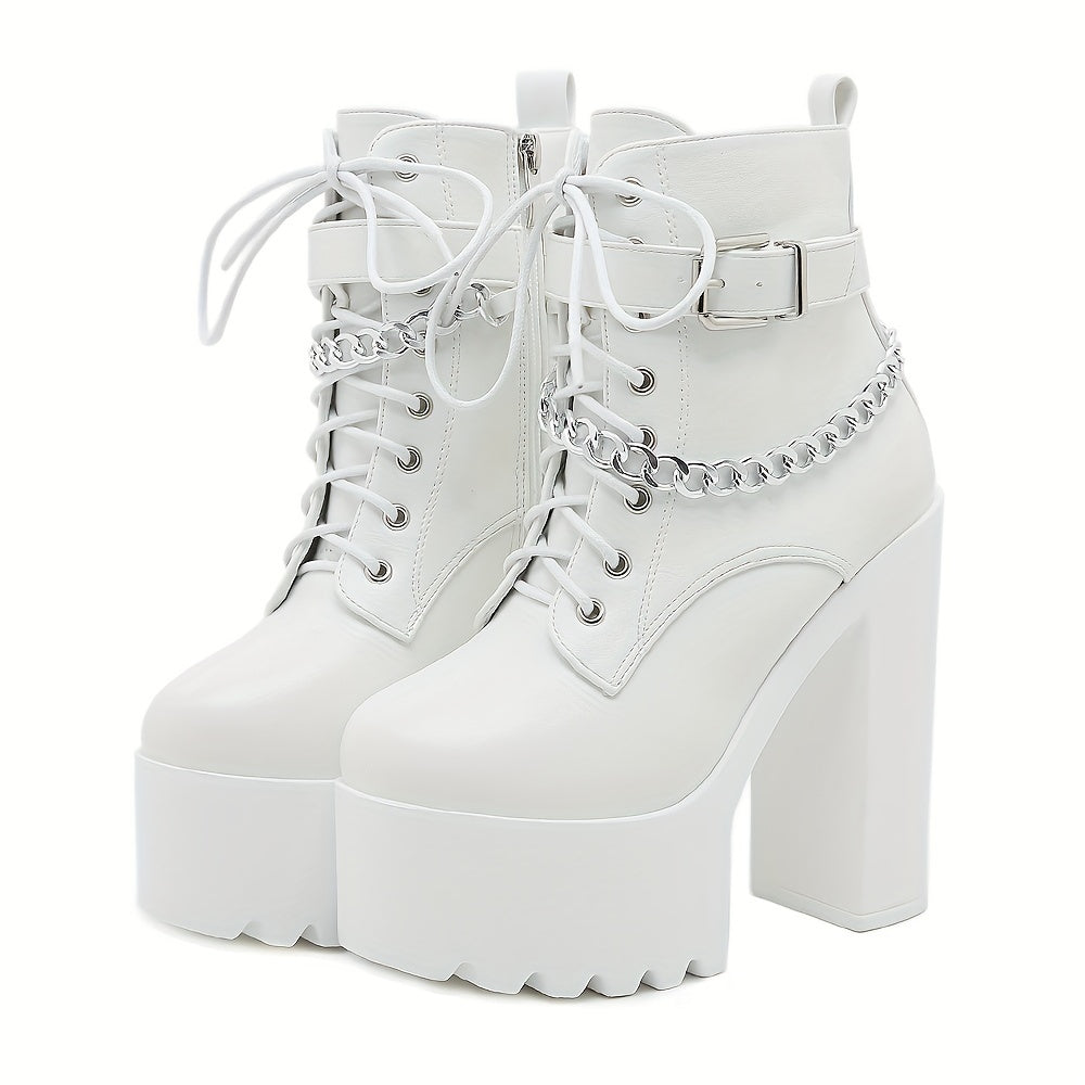Women's Ankle Boots with Chain Decor Block Heel Lace-Up Side Zipper All-Season