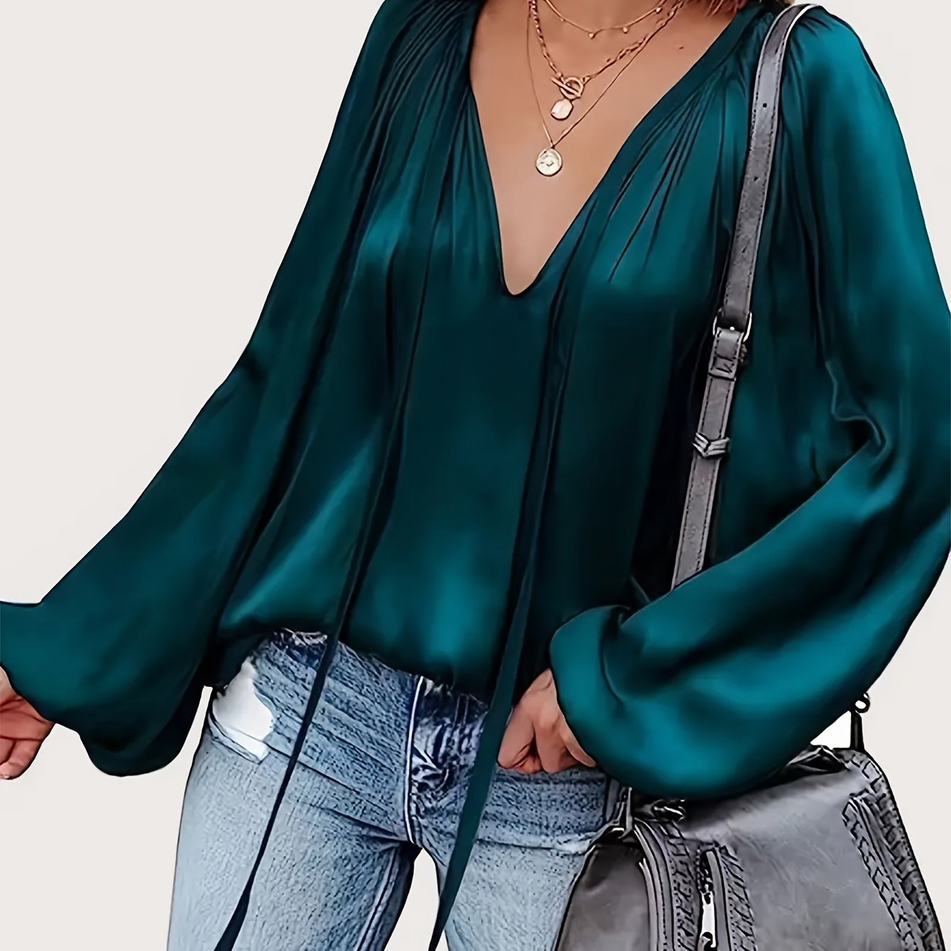Women's Polyester V-Neck Blouse with Tie Neck and Lantern Sleeves