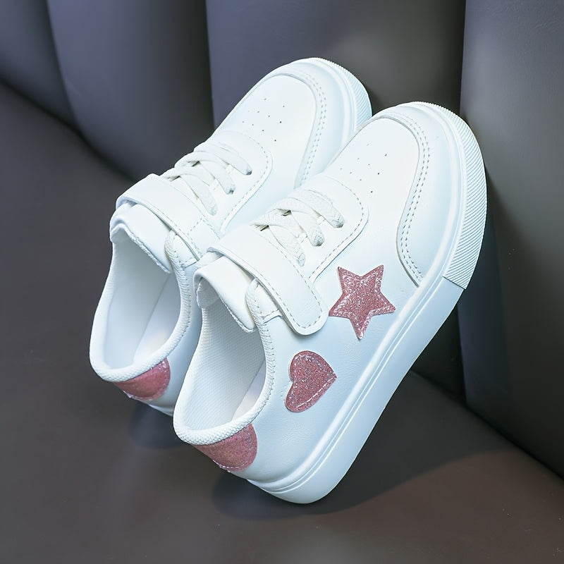 Girls' All-Season Heart and Star Pattern Sports Sneakers Low Top Lace-Up Shoes for Outdoor Activities