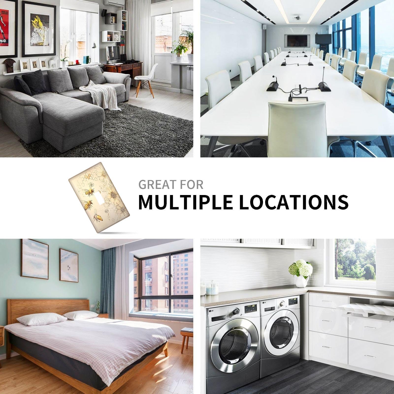 Bir quyosh gul va asalari bezakli devor plitkasi bitta o'zgaruvchi yoritish kalitlari va chiqish qopqog'i uchun, uy, ofis va mehmonxona dekoriga ilhom beruvchi dizayn. Elektr chiqishlari va oshxona uchun 1 yoki 2 guruh konfiguratsiyalarida mavjud.