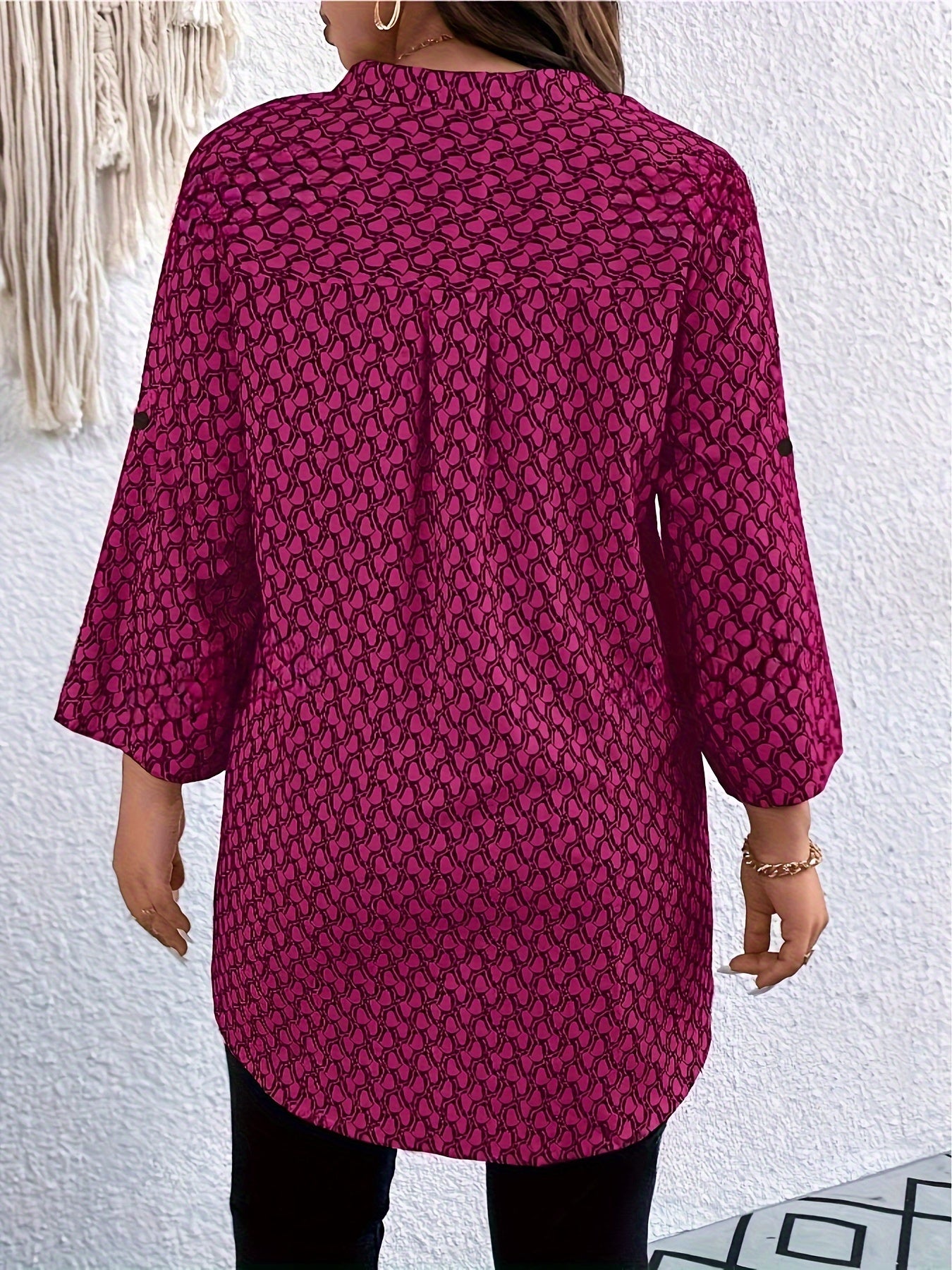 Ladies Print Blouse with Notched V-Neck Rolled Sleeves Casual Formal Wear