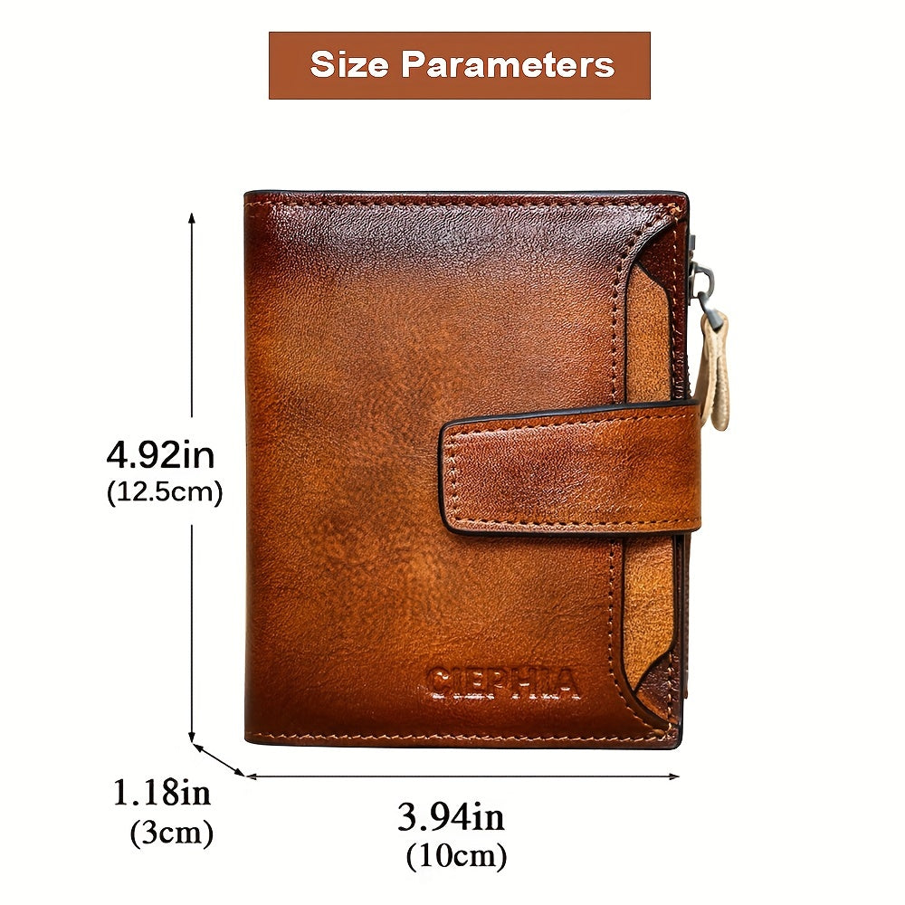 Men's Genuine Leather Wallet RFID Blocking Zipper Coin Pocket Vintage Dark Brown