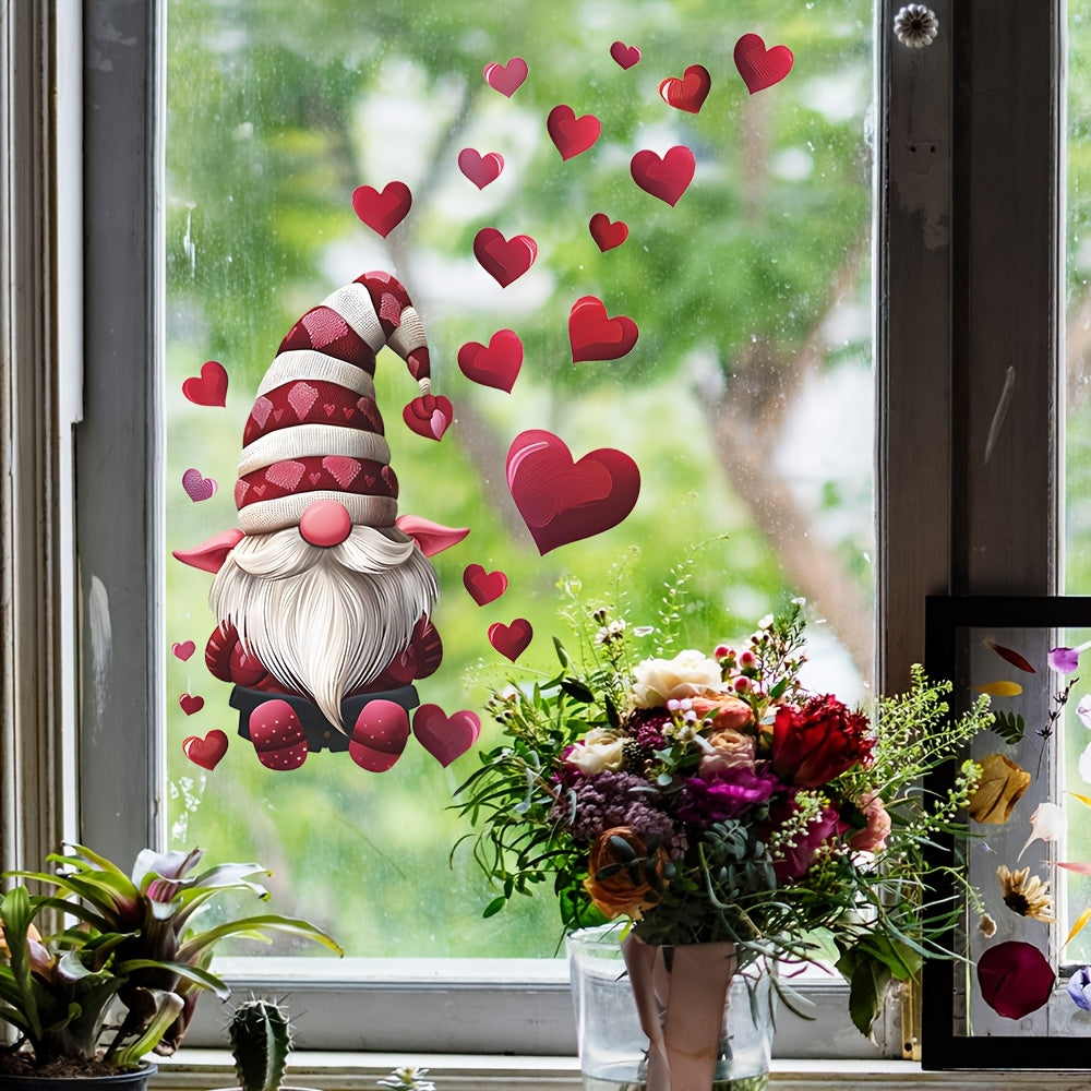 Valentine's Day Gnome and Heart Window Clings Pink Red Self-Adhesive Decor