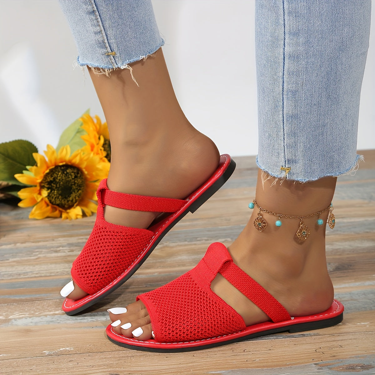 Women's Flat Knit Sandals Summer Slip-Resistant Lightweight Casual Beach Shoes
