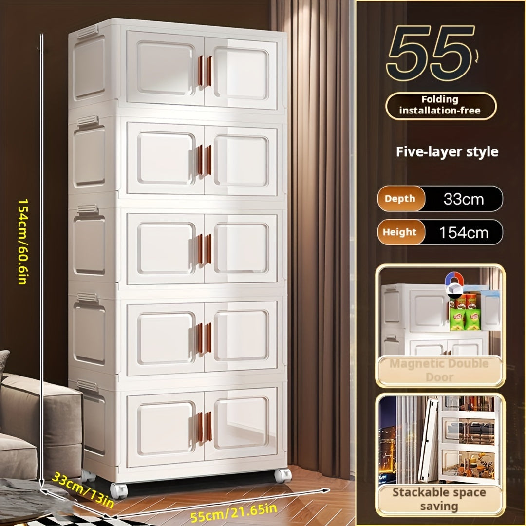 Складной органайзер для хранения PP с колесами, двойными дверцами и многоуровневыми полками