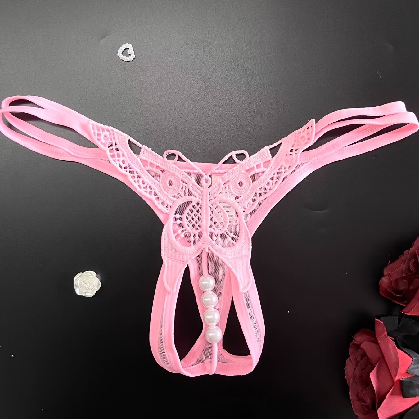 Women's Low-Rise Embroidered Sheer Thong with Pearl Accents