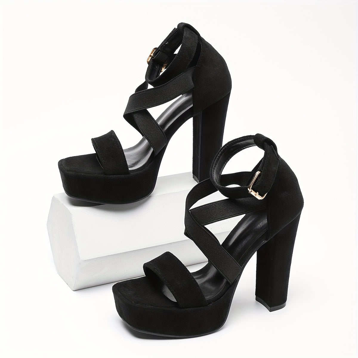 Women's Chunky Platform High Heel Shoes Black Square Toe Night Out Footwear