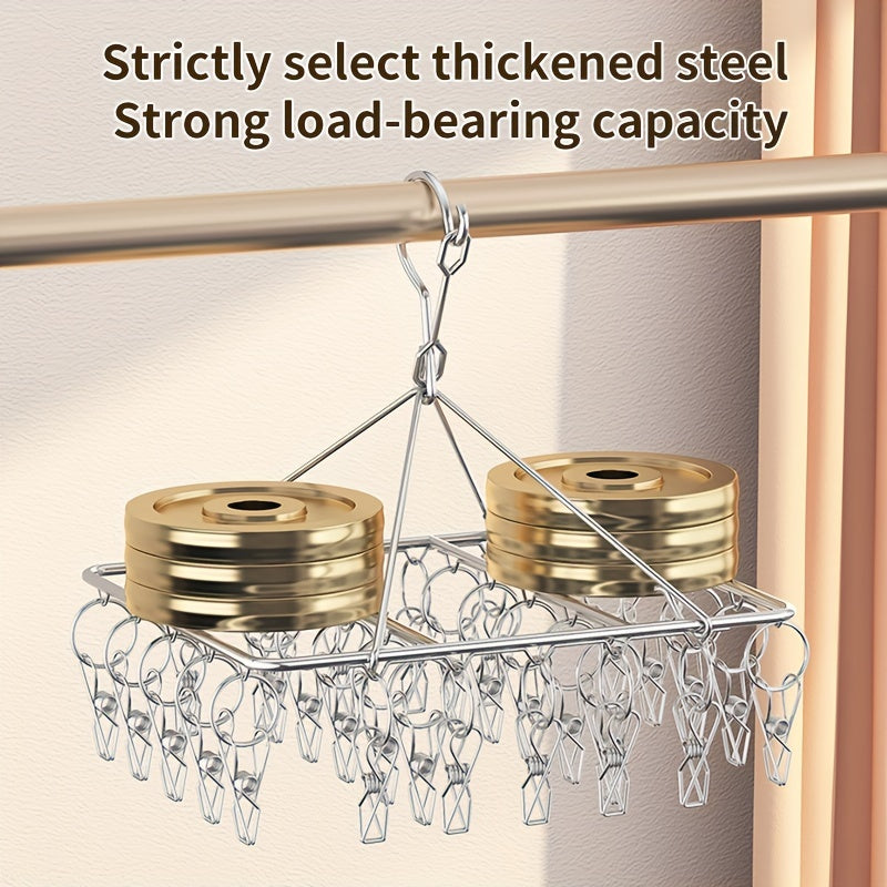 Estante para secar calcetines de acero inoxidable con clips y gancho giratorio para lavandería