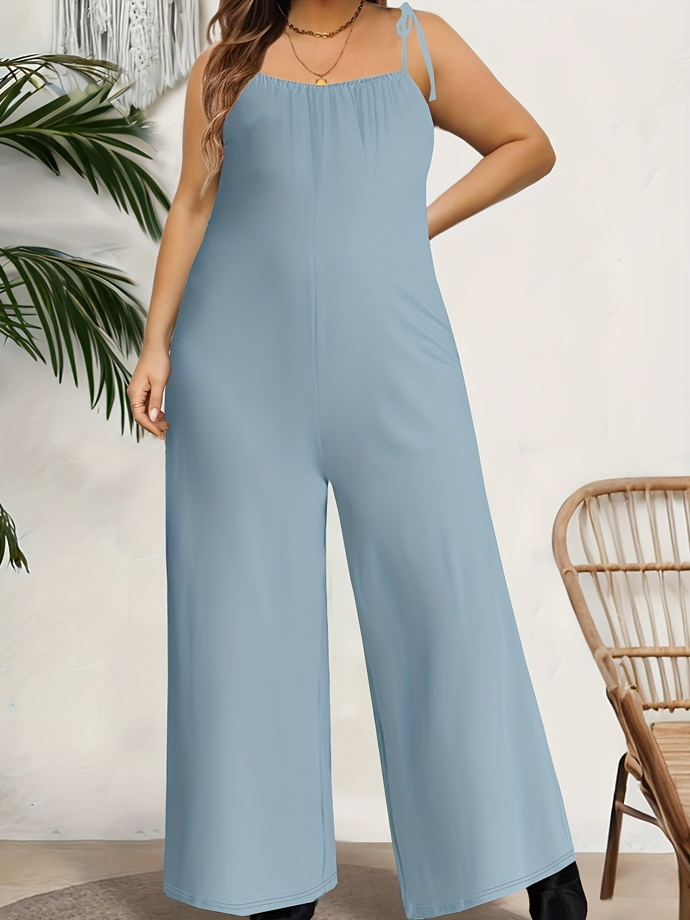 Women's Solid Color Jumpsuit with Tie Waist Polyester Spandex Knit