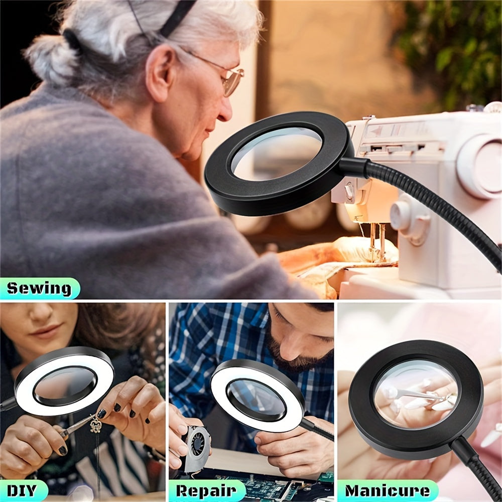 Ko'p funksiyali LED stol lampasi, kattalashtiruvchi oynasi va o'qish, ofis ishlari va qo'l san'atlari uchun dimmable, ko'zga qulay klip-on chiroq, USB orqali quvvatlanadi.