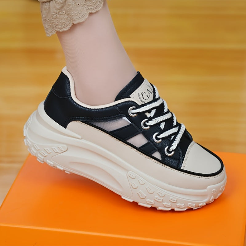 Women's Breathable Mesh Casual Sneakers White Red Chunky Sole