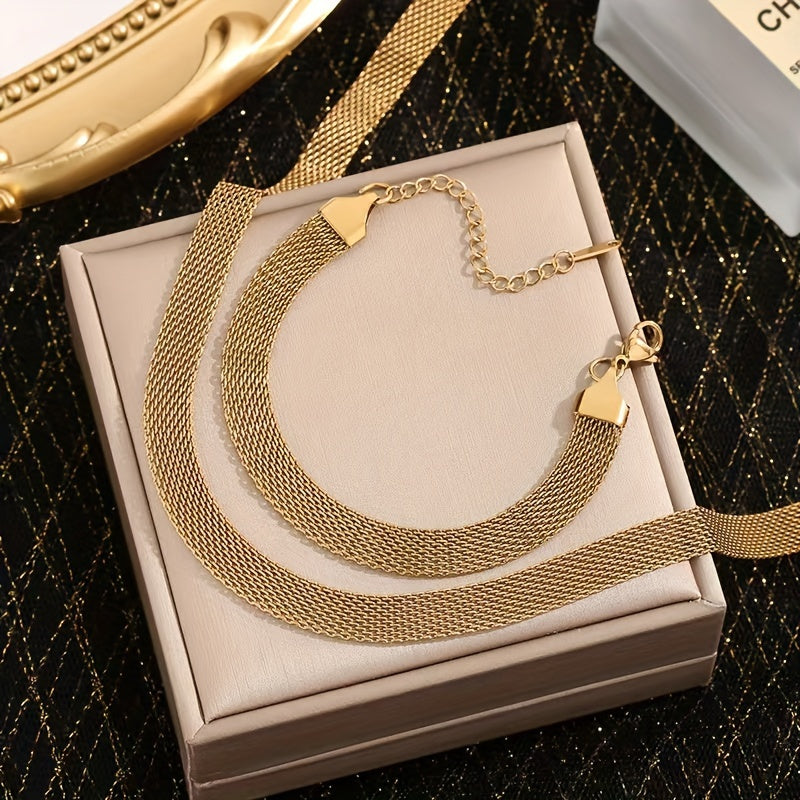 Hypoallergenic Stainless Steel Jewelry Set with Woven Mesh Necklace and Bracelet in 18K Plated Finish