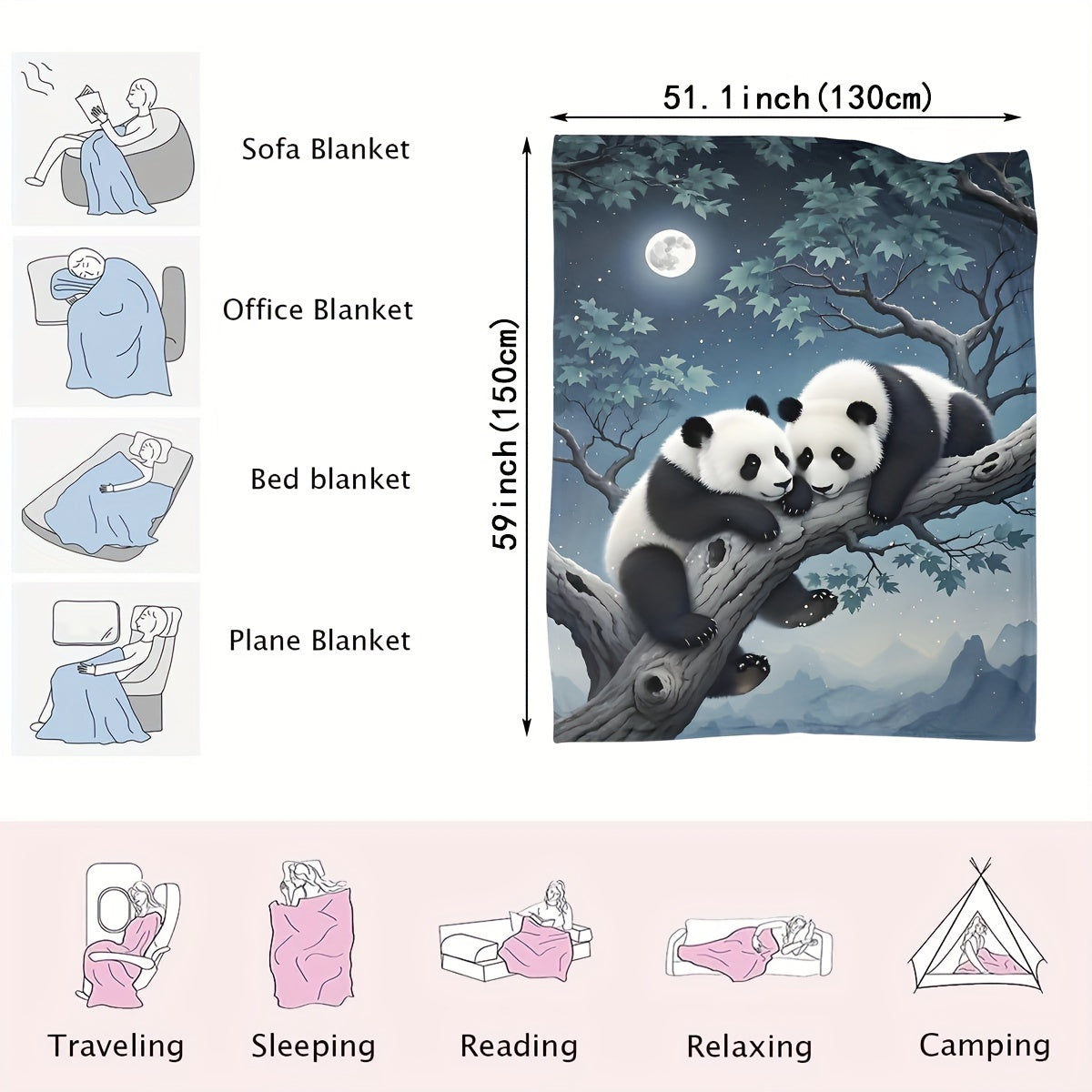 Cozy Panda Print Flannel Throw Blanket 100% Polyester Machine Washable