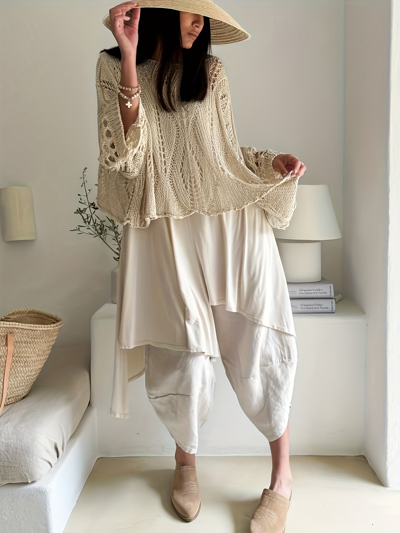 Plus Size Women's Casual Crochet Cover-Up Top with Sun Protection