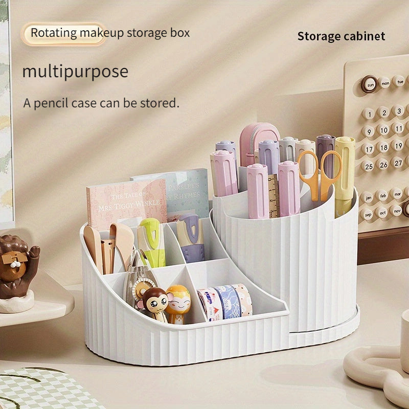360° Rotating Makeup Organizer Plastic Compact Storage for Brushes Lipsticks Skincare Stationery White Pink Cream