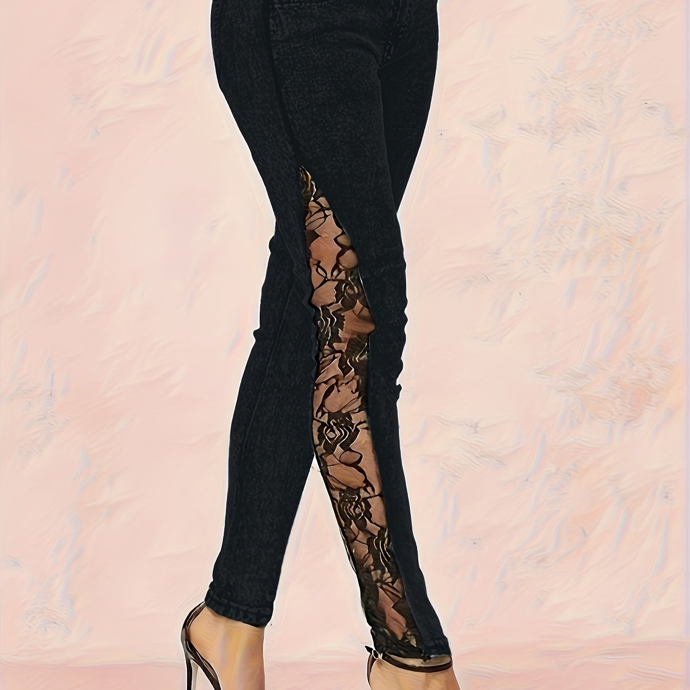 Серые узкие джинсы с высокой талией, кружевной отделкой, полосатым декором, из денима, для всех сезонов