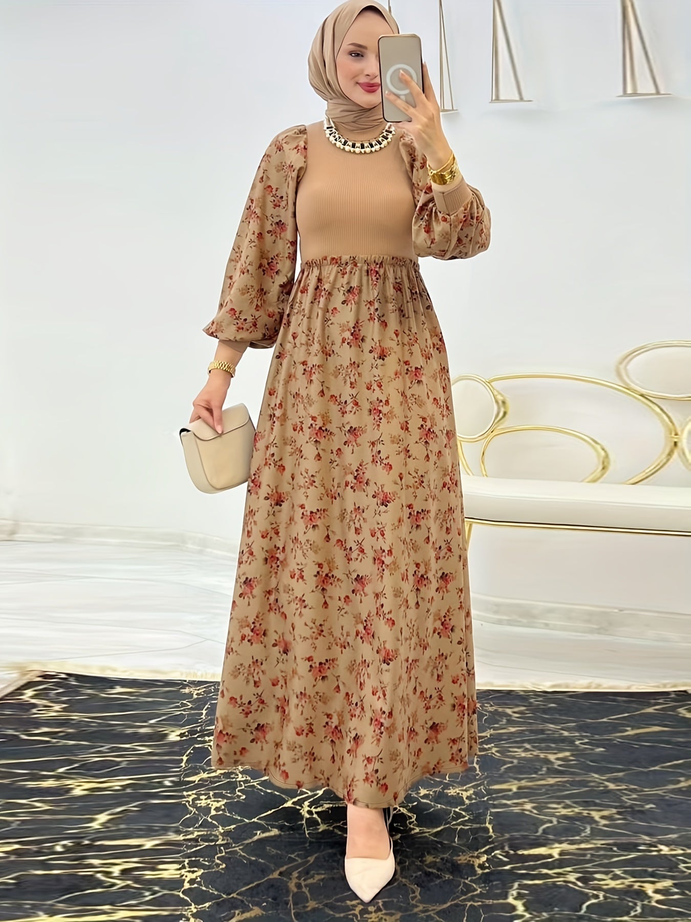 Floral Print Crew Neck Kaftan Dress with Long Sleeves and Maxi Length