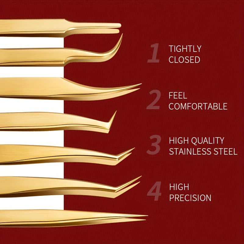 7-Piece Stainless Steel Eyelash Tweezers Set for False Eyelash and Eyebrow Grooming