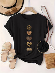 Women's Plus Size Black Short Sleeve T-Shirt with Golden Heart Print