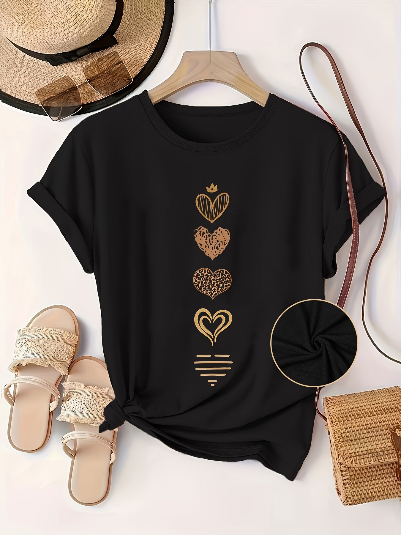 Women's Plus Size Black Short Sleeve T-Shirt with Golden Heart Print