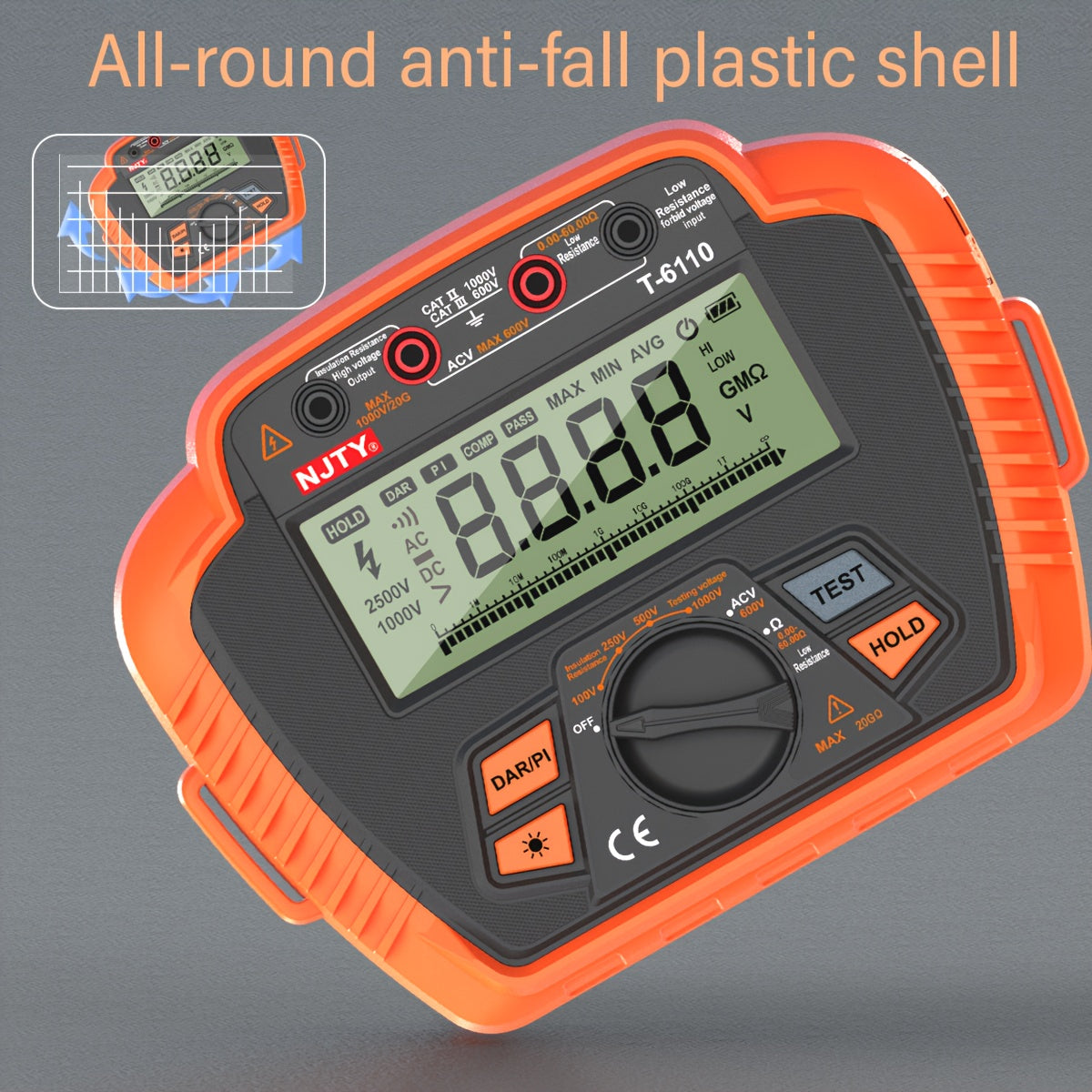 Digital Insulation Resistance Tester 1000V/2500V Portable Megohmmeter with Backlit LCD