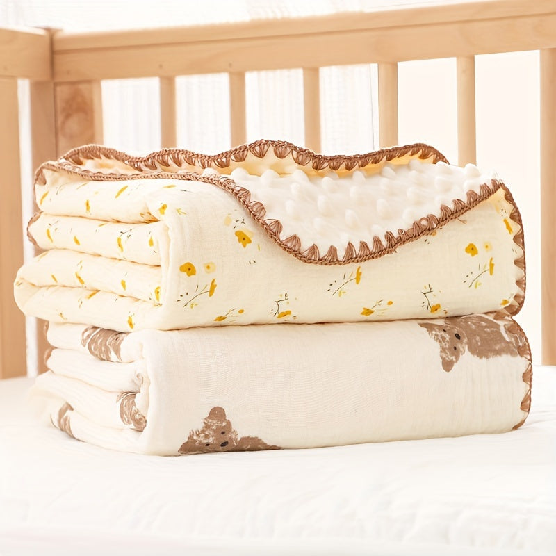 Baby Blanket for Infants 0-3 Years Knit Fabric Cartoon Bean Pattern Khaki Floral All-Season